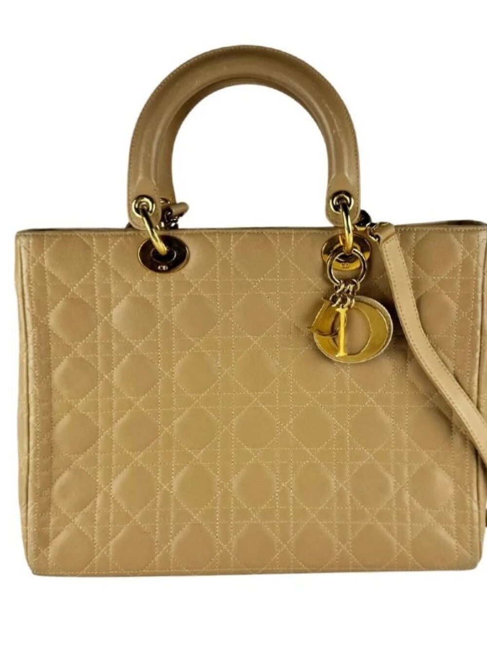 Christian Dior Lady Dior Large Handbag Shoulder Bag Beige Lambskin
